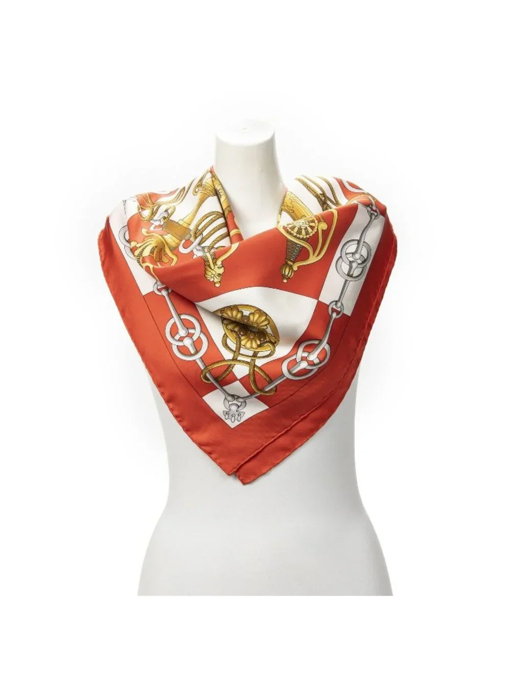 Hermes Scarf Red Gold White Silk
